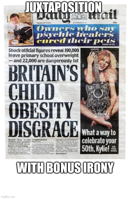 Ironic news | JUXTAPOSITION; WITH BONUS IRONY | image tagged in obesity,juxtaposition,minogue,kylie,obese | made w/ Imgflip meme maker