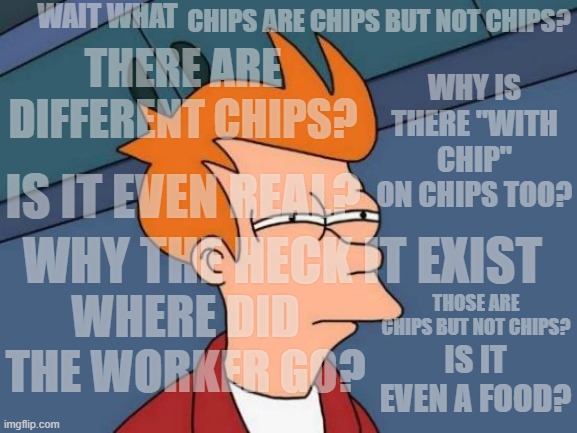 Futurama Fry Meme | WAIT WHAT CHIPS ARE CHIPS BUT NOT CHIPS? THERE ARE DIFFERENT CHIPS? WHY IS THERE "WITH CHIP" ON CHIPS TOO? IS IT EVEN REAL? WHY THE HECK IT  | image tagged in memes,futurama fry | made w/ Imgflip meme maker