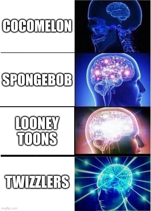 Expanding Brain | COCOMELON; SPONGEBOB; LOONEY TOONS; TWIZZLERS | image tagged in memes,expanding brain | made w/ Imgflip meme maker