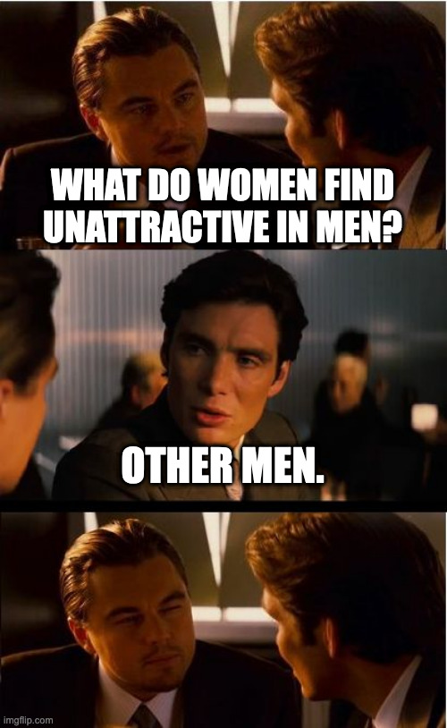 Inception | WHAT DO WOMEN FIND UNATTRACTIVE IN MEN? OTHER MEN. | image tagged in memes,inception | made w/ Imgflip meme maker