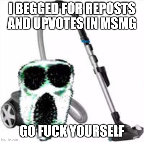 Ambush Vacuum | I BEGGED FOR REPOSTS AND UPVOTES IN MSMG GO FUCK YOURSELF | image tagged in ambush vacuum | made w/ Imgflip meme maker