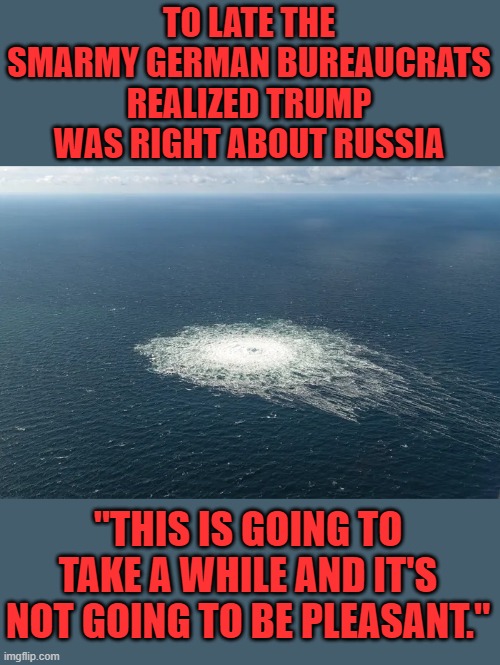 yep | TO LATE THE SMARMY GERMAN BUREAUCRATS REALIZED TRUMP WAS RIGHT ABOUT RUSSIA; "THIS IS GOING TO TAKE A WHILE AND IT'S NOT GOING TO BE PLEASANT." | image tagged in russia,eu,germany | made w/ Imgflip meme maker