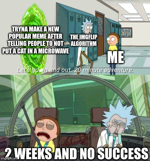 nobody said it was gonna be easy | TRYNA MAKE A NEW POPULAR MEME AFTER TELLING PEOPLE TO NOT PUT A CAT IN A MICROWAVE; THE IMGFLIP ALGORITHM; ME; 2 WEEKS AND NO SUCCESS | image tagged in 20 minute adventure rick morty,rick and morty,the algorithm,funny memes | made w/ Imgflip meme maker