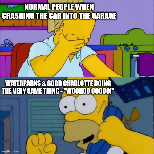 Good Charlotte & Waterparks song | NORMAL PEOPLE WHEN CRASHING THE CAR INTO THE GARAGE; WATERPARKS & GOOD CHARLOTTE DOING THE VERY SAME THING - "WOOHOO OOOOO!" | image tagged in disappointed homer excited homer,music,song,song lyrics | made w/ Imgflip meme maker