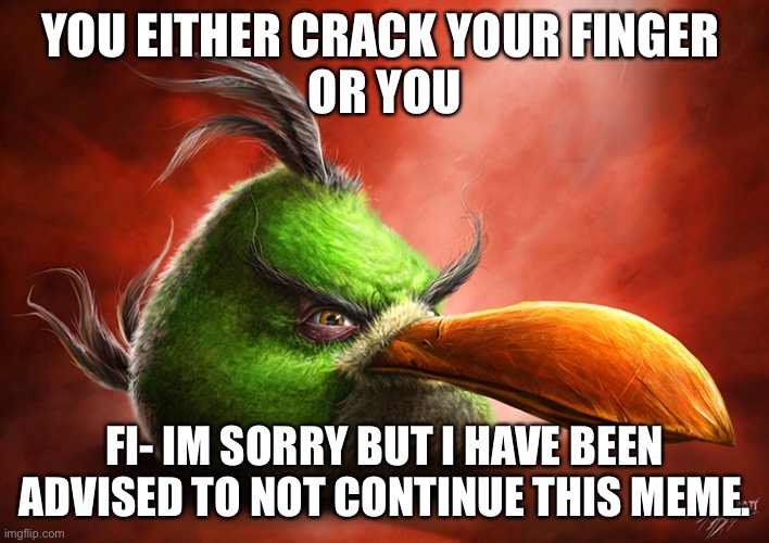 ayo | YOU EITHER CRACK YOUR FINGER 
OR YOU; FI- IM SORRY BUT I HAVE BEEN ADVISED TO NOT CONTINUE THIS MEME. | image tagged in realistic angry bird green one | made w/ Imgflip meme maker