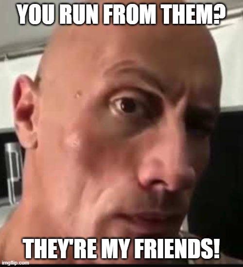 Dwayne Johnson eyebrow raise | YOU RUN FROM THEM? THEY'RE MY FRIENDS! | image tagged in dwayne johnson eyebrow raise | made w/ Imgflip meme maker