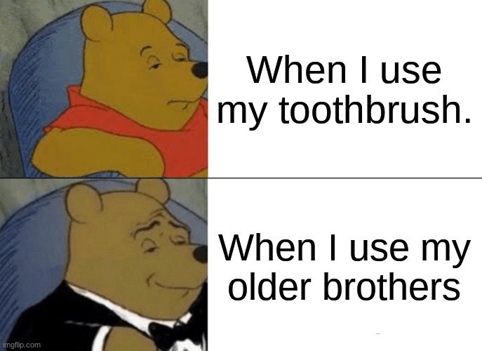 Tuxedo Winnie The Pooh | When I use my toothbrush. When I use my older brothers | image tagged in memes,tuxedo winnie the pooh | made w/ Imgflip meme maker