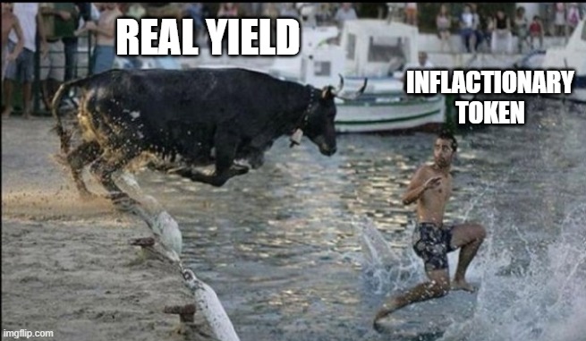 Real yield | REAL YIELD; INFLACTIONARY TOKEN | image tagged in bull run | made w/ Imgflip meme maker