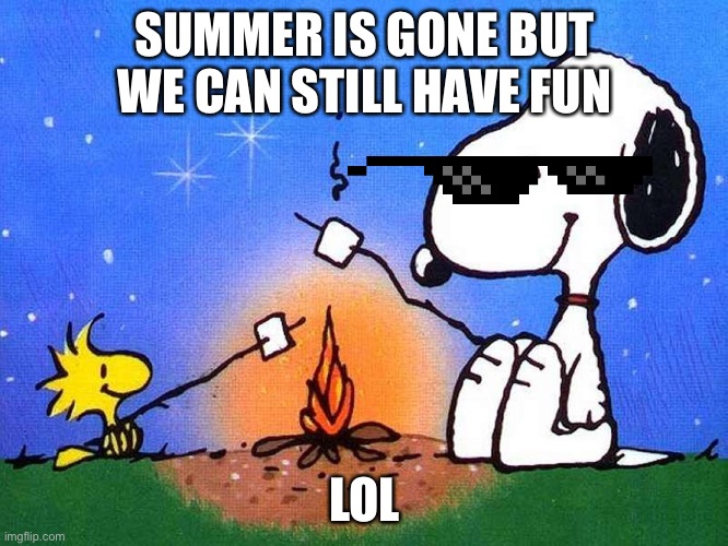 Snoopy woodstock campfire | SUMMER IS GONE BUT WE CAN STILL HAVE FUN; LOL | image tagged in snoopy woodstock campfire,snoopy | made w/ Imgflip meme maker
