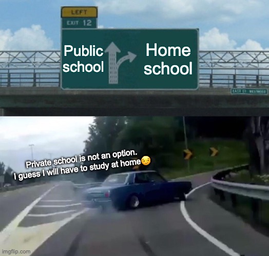 Left Exit 12 Off Ramp | Public school; Home school; Private school is not an option. I guess I will have to study at home😏 | image tagged in memes,left exit 12 off ramp | made w/ Imgflip meme maker