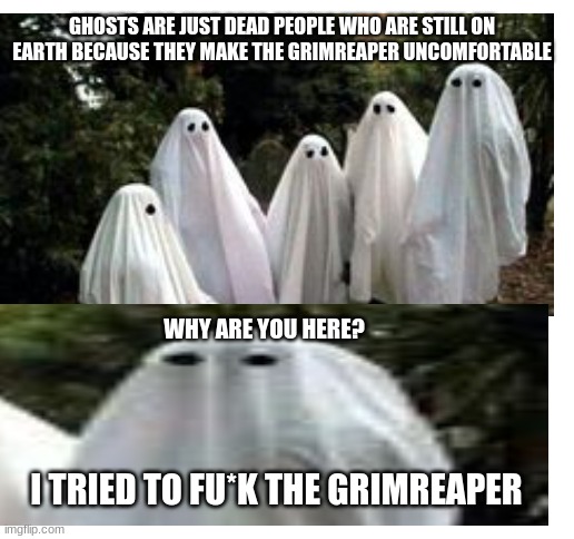 oh | GHOSTS ARE JUST DEAD PEOPLE WHO ARE STILL ON EARTH BECAUSE THEY MAKE THE GRIMREAPER UNCOMFORTABLE; WHY ARE YOU HERE? I TRIED TO FU*K THE GRIMREAPER | image tagged in ghosts,death,memes | made w/ Imgflip meme maker