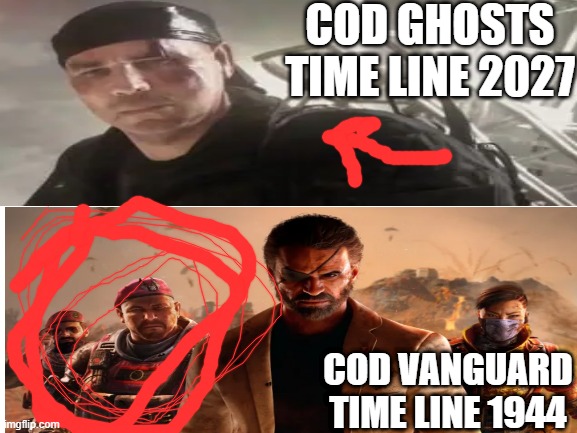 Warzone / Vanguard is not making any since anymore | COD GHOSTS TIME LINE 2027; COD VANGUARD TIME LINE 1944 | image tagged in call of duty,vanguard,ghosts,rorke,wtf | made w/ Imgflip meme maker