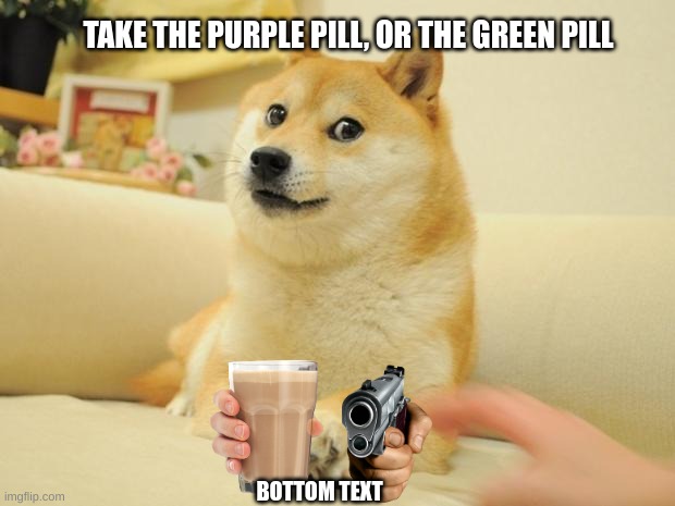 Take one or the other | TAKE THE PURPLE PILL, OR THE GREEN PILL; BOTTOM TEXT | image tagged in memes,doge 2 | made w/ Imgflip meme maker