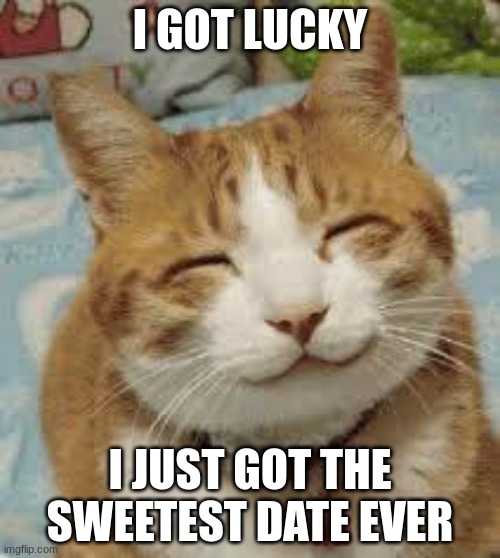 Happy cat | I GOT LUCKY; I JUST GOT THE SWEETEST DATE EVER | image tagged in happy cat | made w/ Imgflip meme maker