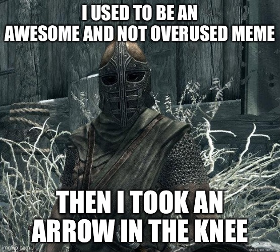 This meme is dead but SCREW IT IM ADDING IT | I USED TO BE AN AWESOME AND NOT OVERUSED MEME; THEN I TOOK AN ARROW IN THE KNEE | image tagged in skyrimguard | made w/ Imgflip meme maker
