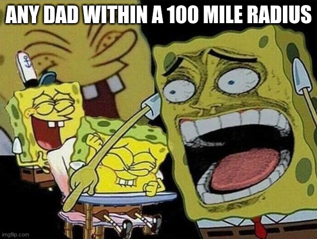 Spongebob laughing Hysterically | ANY DAD WITHIN A 100 MILE RADIUS | image tagged in spongebob laughing hysterically | made w/ Imgflip meme maker