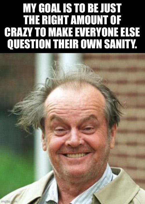 Crazy | MY GOAL IS TO BE JUST THE RIGHT AMOUNT OF CRAZY TO MAKE EVERYONE ELSE QUESTION THEIR OWN SANITY. | image tagged in jack nicholson crazy hair | made w/ Imgflip meme maker