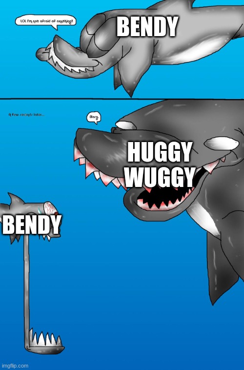 Bendy Meets Huggy wuggy In Nutshell | BENDY; HUGGY
WUGGY; BENDY | image tagged in jaws meets megalodon meme,bendy and the ink machine,poppy playtime,huggy wuggy,memes,meets | made w/ Imgflip meme maker