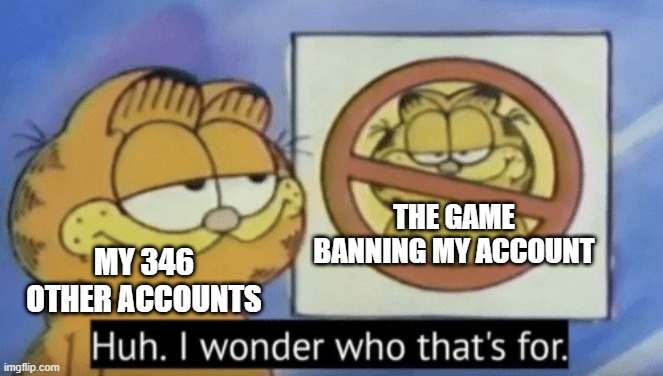 Garfield wonders | MY 346 OTHER ACCOUNTS; THE GAME BANNING MY ACCOUNT | image tagged in garfield wonders,video games,memes,funny,garfield | made w/ Imgflip meme maker