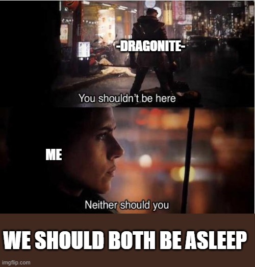 were both in the same timezone | -DRAGONITE-; ME; WE SHOULD BOTH BE ASLEEP | image tagged in you shouldn't be here neither should you | made w/ Imgflip meme maker