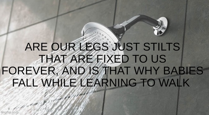 shower thought | ARE OUR LEGS JUST STILTS THAT ARE FIXED TO US FOREVER, AND IS THAT WHY BABIES FALL WHILE LEARNING TO WALK | image tagged in shower thoughts,hmmm | made w/ Imgflip meme maker
