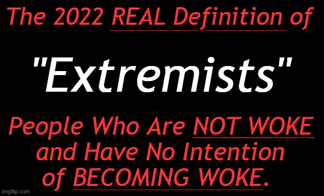 Remember, It's Always 'Opposite Day' For Leftists! | The 2022 REAL Definition of; "Extremists"; People Who Are NOT WOKE 
and Have No Intention 
of BECOMING WOKE. | image tagged in politics,leftists,extremists,opposite day,liberalism,biden democrats | made w/ Imgflip meme maker