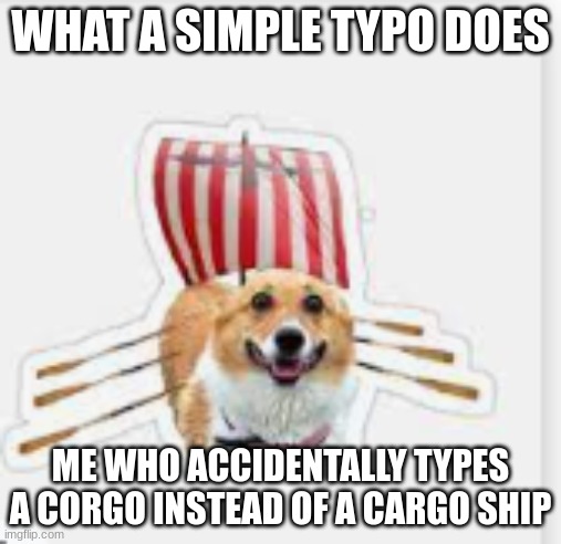 I'm bad at typing | WHAT A SIMPLE TYPO DOES; ME WHO ACCIDENTALLY TYPES A CORGO INSTEAD OF A CARGO SHIP | image tagged in mistake,help me | made w/ Imgflip meme maker