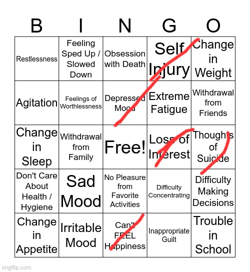 I came after being depressed from being mod removed in MSmg | image tagged in depression bingo 1 | made w/ Imgflip meme maker