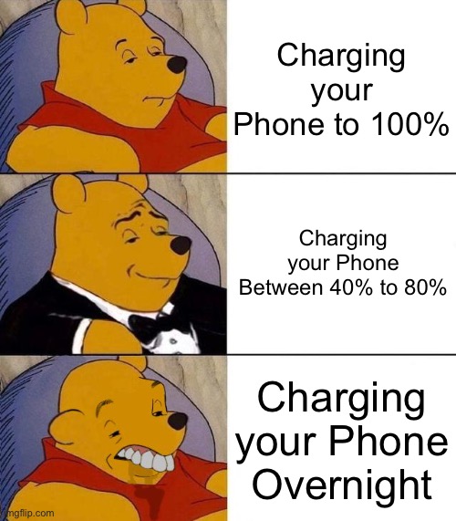 Different way to Charge Phones | Charging your Phone to 100%; Charging your Phone Between 40% to 80%; Charging your Phone Overnight | image tagged in best better blurst,memes,phone,relatable memes,charger,relatable | made w/ Imgflip meme maker