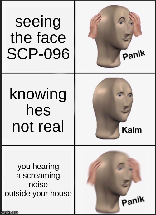 oh no | seeing the face SCP-096; knowing hes not real; you hearing a screaming noise outside your house | image tagged in memes,panik kalm panik | made w/ Imgflip meme maker