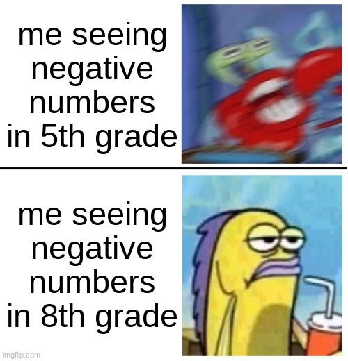 wild meme template i found? | me seeing negative numbers in 5th grade; me seeing negative numbers in 8th grade | image tagged in excited vs bored | made w/ Imgflip meme maker