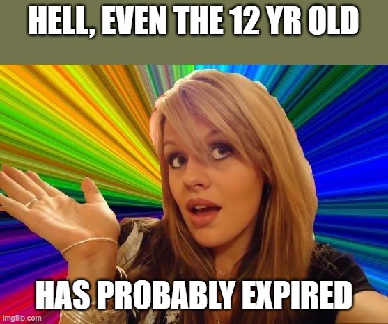 Dumb Blonde Meme | HELL, EVEN THE 12 YR OLD HAS PROBABLY EXPIRED | image tagged in memes,dumb blonde | made w/ Imgflip meme maker