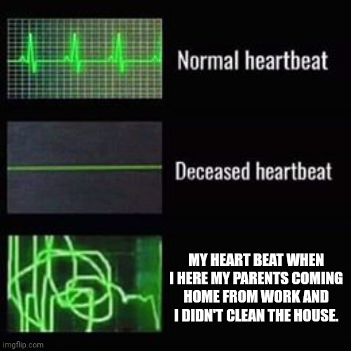 Welp I'm dead | MY HEART BEAT WHEN I HERE MY PARENTS COMING HOME FROM WORK AND I DIDN'T CLEAN THE HOUSE. | image tagged in heartbeat rate | made w/ Imgflip meme maker