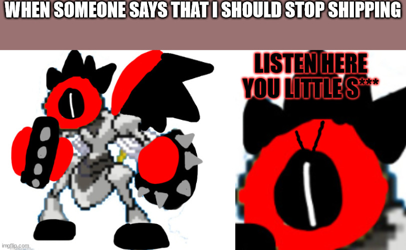 Shadowborn Melmezor Listen here you little s*** censored | WHEN SOMEONE SAYS THAT I SHOULD STOP SHIPPING | image tagged in shadowborn melmezor listen here you little s censored | made w/ Imgflip meme maker