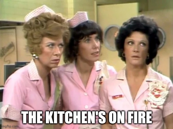 The Kitchen's On Fire | THE KITCHEN'S ON FIRE | image tagged in alice,kitchen,fire,waitress,angry waitress,restaurant | made w/ Imgflip meme maker