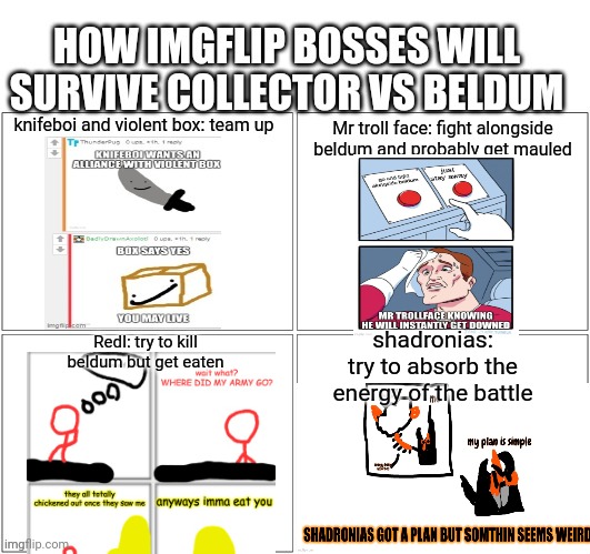 how they gonna survive | shadronias: try to absorb the energy of the battle; RedI: try to kill beldum but get eaten | made w/ Imgflip meme maker