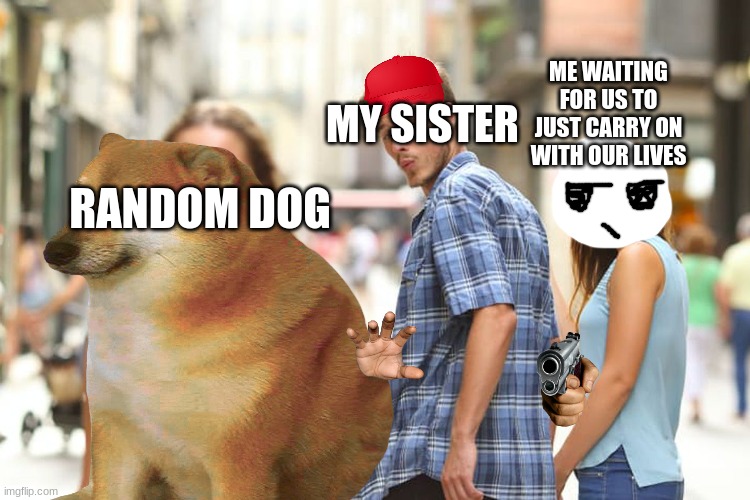 Im a cat person ->- | ME WAITING FOR US TO JUST CARRY ON WITH OUR LIVES; MY SISTER; RANDOM DOG | image tagged in dog | made w/ Imgflip meme maker