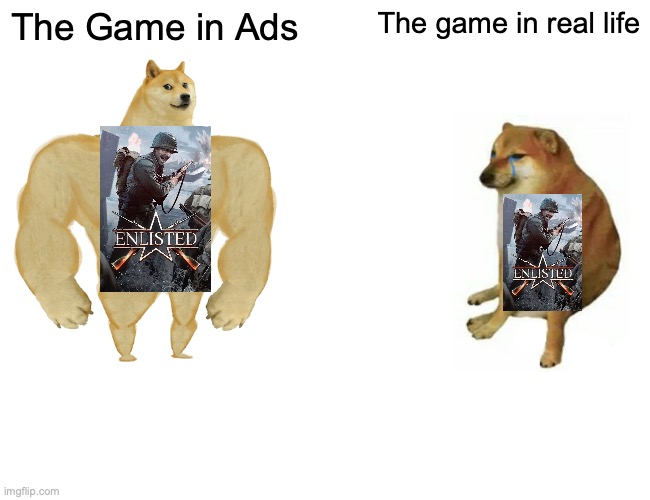 *Insert Skull Emoji* | The Game in Ads; The game in real life | image tagged in memes,buff doge vs cheems | made w/ Imgflip meme maker