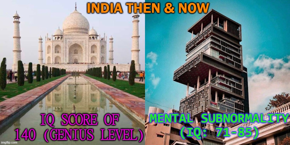 India Then & Now | INDIA THEN & NOW; IQ SCORE OF 140 (GENIUS LEVEL); MENTAL SUBNORMALITY
(IQ: 71-85) | image tagged in india then now | made w/ Imgflip meme maker