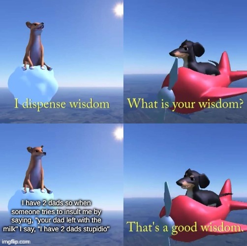 Wisdom dog | I have 2 dads so when someone tries to insult me by saying, "your dad left with the milk" I say, "I have 2 dads stupidio" | image tagged in wisdom dog,not funny,memes,haha yes,dumb | made w/ Imgflip meme maker