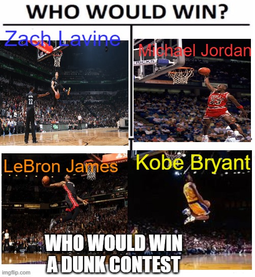 who would win dunk contest | Zach Lavine; Michael Jordan; Kobe Bryant; LeBron James; WHO WOULD WIN A DUNK CONTEST | image tagged in who would win with 4 | made w/ Imgflip meme maker