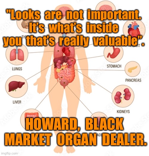 Human organs | "Looks  are  not  important.  It’s  what’s  inside  you  that’s  really  valuable”. HOWARD,  BLACK  MARKET  ORGAN  DEALER. | image tagged in human organs,inside you,valuable,black market,organ dealer,dark humour | made w/ Imgflip meme maker