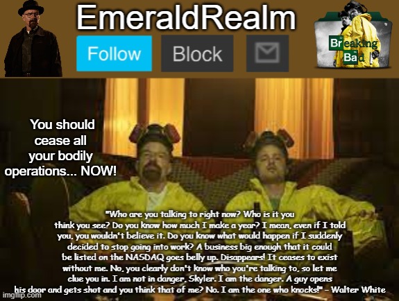 Walter White Template for EmeraldRealm | You should cease all your bodily operations... NOW! | image tagged in walter white template for emeraldrealm | made w/ Imgflip meme maker
