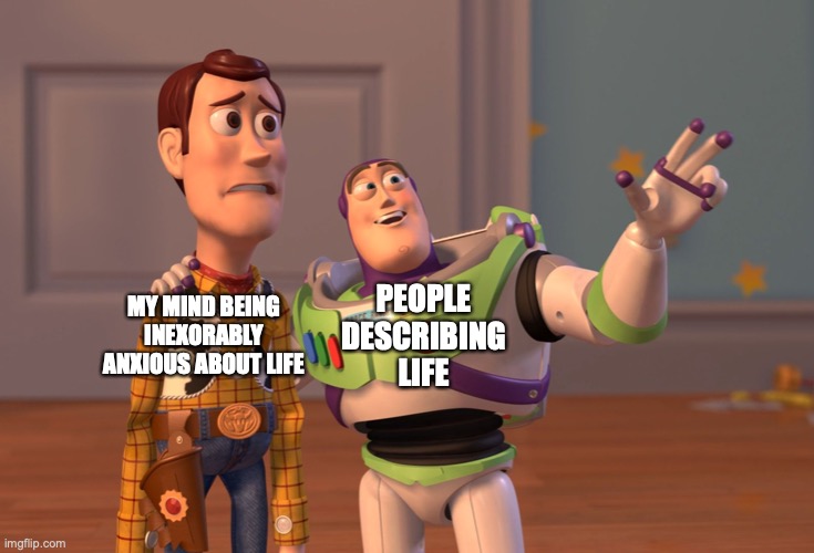 X, X Everywhere Meme | PEOPLE DESCRIBING LIFE; MY MIND BEING INEXORABLY ANXIOUS ABOUT LIFE | image tagged in memes,x x everywhere | made w/ Imgflip meme maker