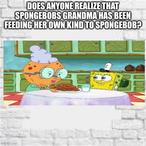 Gasp | DOES ANYONE REALIZE THAT SPONGEBOBS GRANDMA HAS BEEN FEEDING HER OWN KIND TO SPONGEBOB? | image tagged in dark humor,spongebob | made w/ Imgflip meme maker