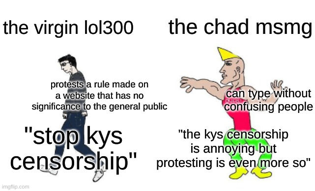 Virgin vs Chad | the chad msmg; the virgin lol300; protests a rule made on a website that has no significance to the general public; can type without confusing people; "the kys censorship is annoying but protesting is even more so"; "stop kys censorship" | image tagged in virgin vs chad | made w/ Imgflip meme maker