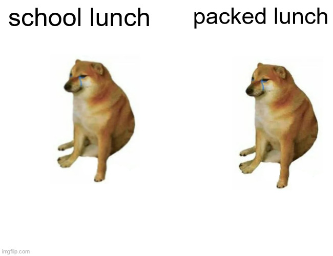 its true for me but my friends got like 6 brownies | school lunch; packed lunch | image tagged in memes,buff doge vs cheems,school,school lunch,funny | made w/ Imgflip meme maker