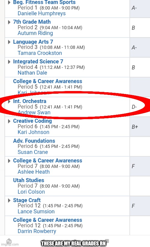 How the fuck do you get a D- in ORCHESTRA | THESE ARE MY REAL GRADES RN | made w/ Imgflip meme maker