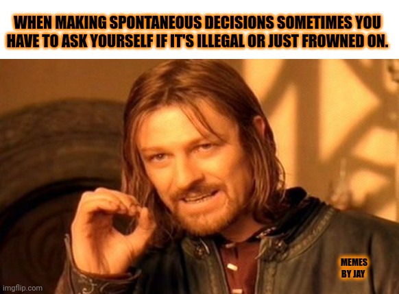 Exactly | WHEN MAKING SPONTANEOUS DECISIONS SOMETIMES YOU HAVE TO ASK YOURSELF IF IT'S ILLEGAL OR JUST FROWNED ON. MEMES BY JAY | image tagged in one does not simply,decisions,law | made w/ Imgflip meme maker