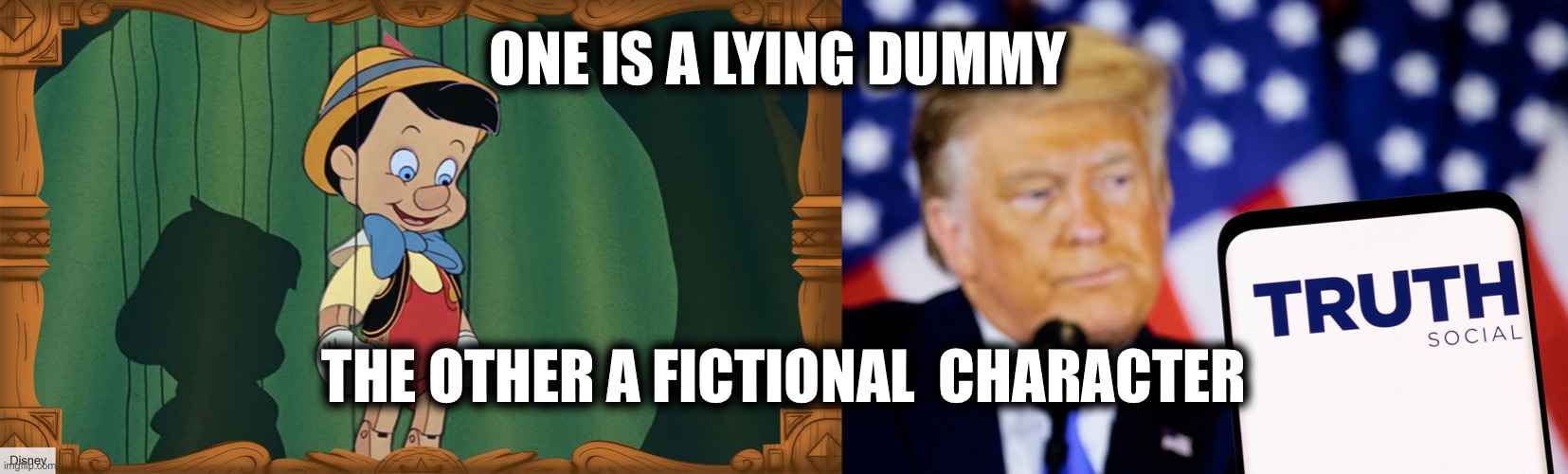 ONE IS A LYING DUMMY; THE OTHER A FICTIONAL  CHARACTER | image tagged in memes | made w/ Imgflip meme maker